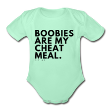 Load image into Gallery viewer, Boobies Are My Cheat Meal Toddler Onsie - light mint